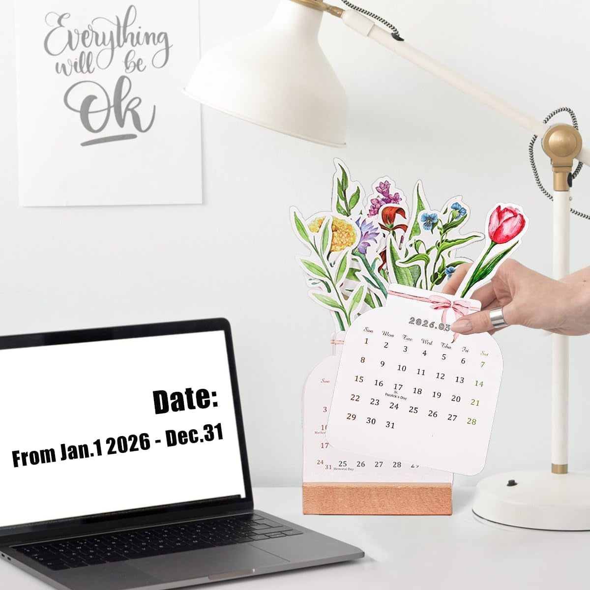 2026 Bloomy Flowers Desk Calendar Small Desk Calendar Mini Standing Floral Monthly Desktop Calendar for Home Office School Desk