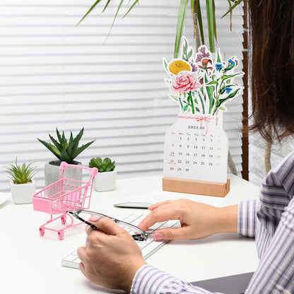 2026 Bloomy Flowers Desk Calendar Small Desk Calendar Mini Standing Floral Monthly Desktop Calendar for Home Office School Desk